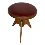 Vintage Red Leather Cushion Wooden Tripod Piano Stool