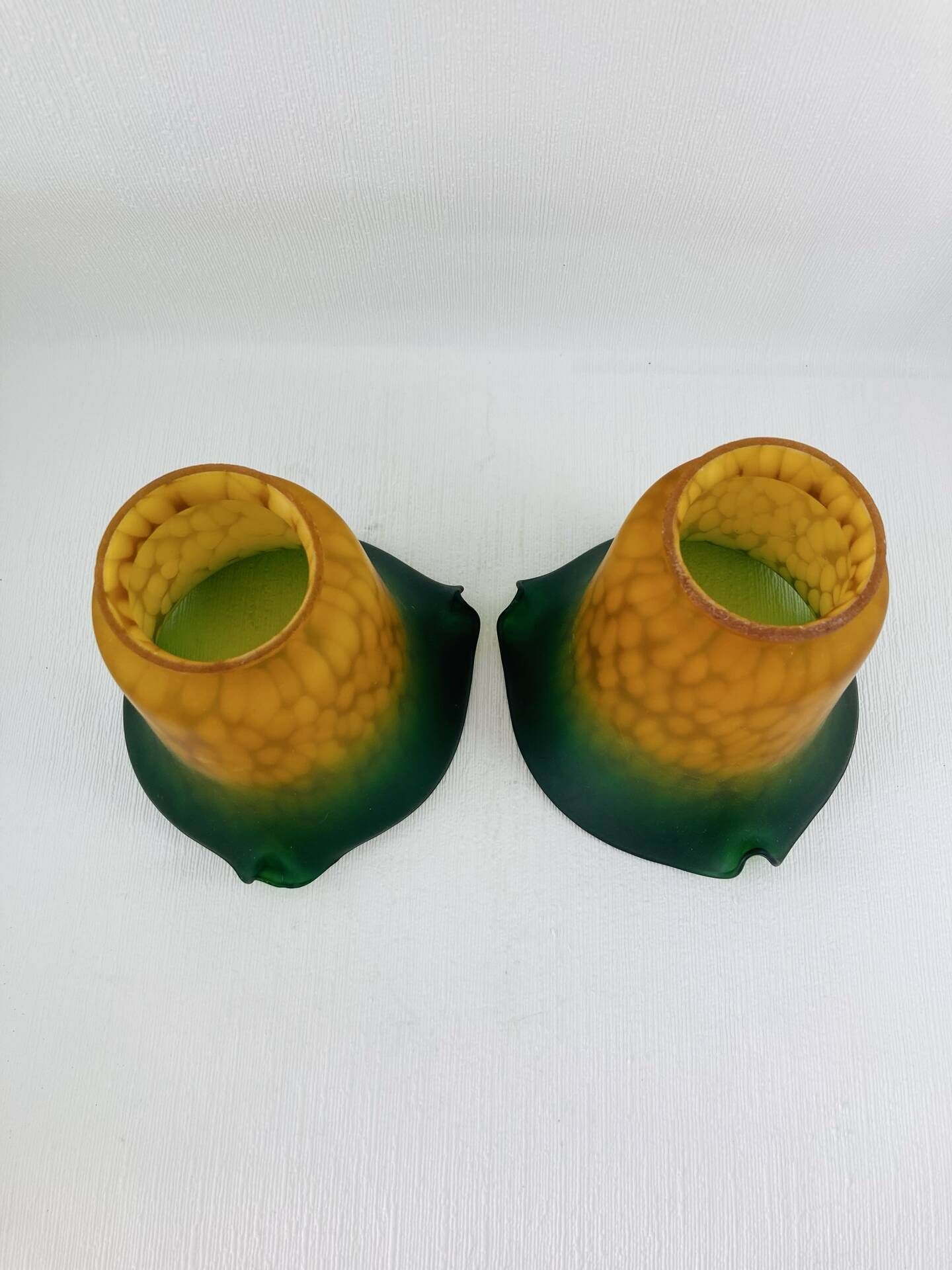 Pair of Antique Art Nouveau Tulips - Speckled Amber Green Glass