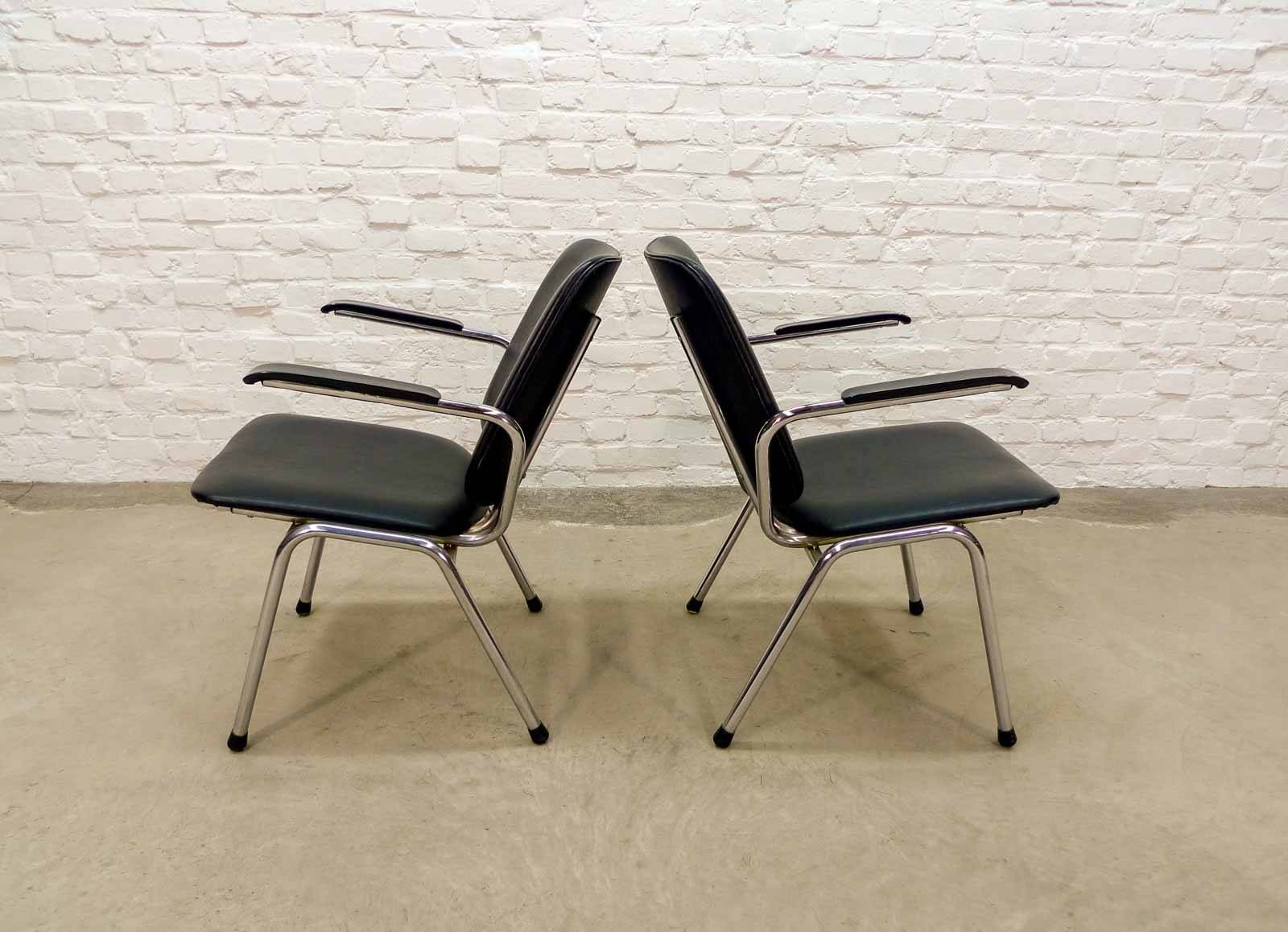 Black Leatherette Dutch Design Gispen Armchairs by Martin de Wit, 1960s.