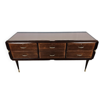 Mid Century sideboard six drawers in mahogany with worked glass