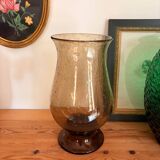 Vase en verre bullé marron fumé – forme tulipe évasée – vintage ann