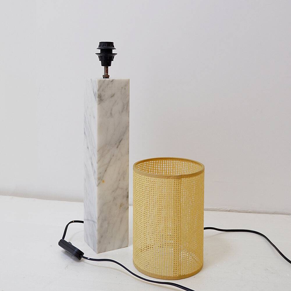 Vintage marble table lamp with new raffia shade.