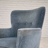 1970s, Danish armchair with footstool, blue furniture velour, oak wood legs