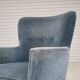 1970s, Danish armchair with footstool, blue furniture velour, oak wood legs