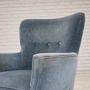 1970s, Danish armchair with footstool, blue furniture velour, oak wood legs