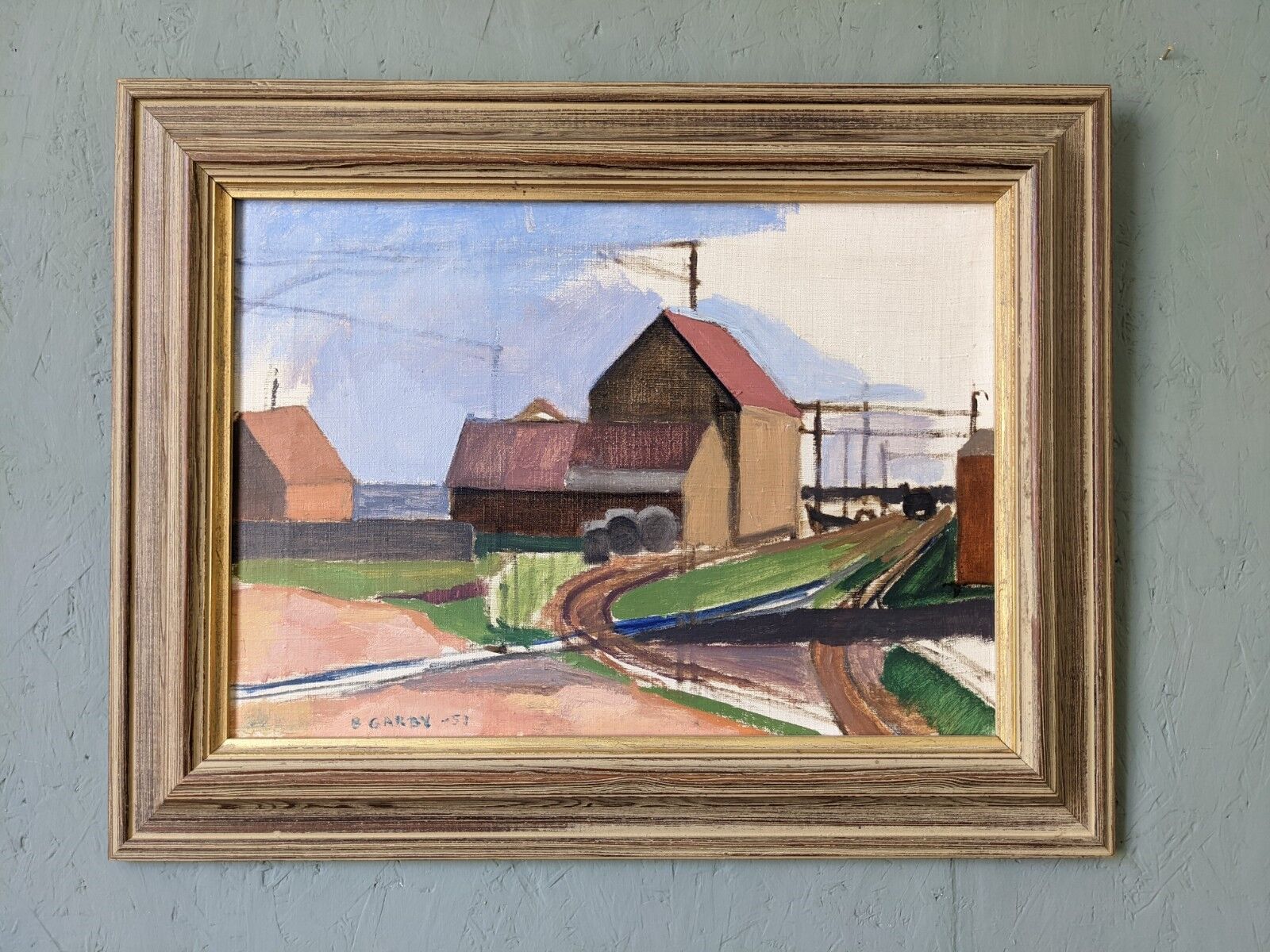 1951 Mid-Century Modern Swedish "Suburban Serenade" Vintage Landscape Oil Painting, Framed