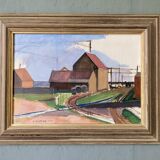 Peinture à l’huile de paysage vintage suédoise moderne du milieu du siècle « Suburban Serenade », encadrée, 1951