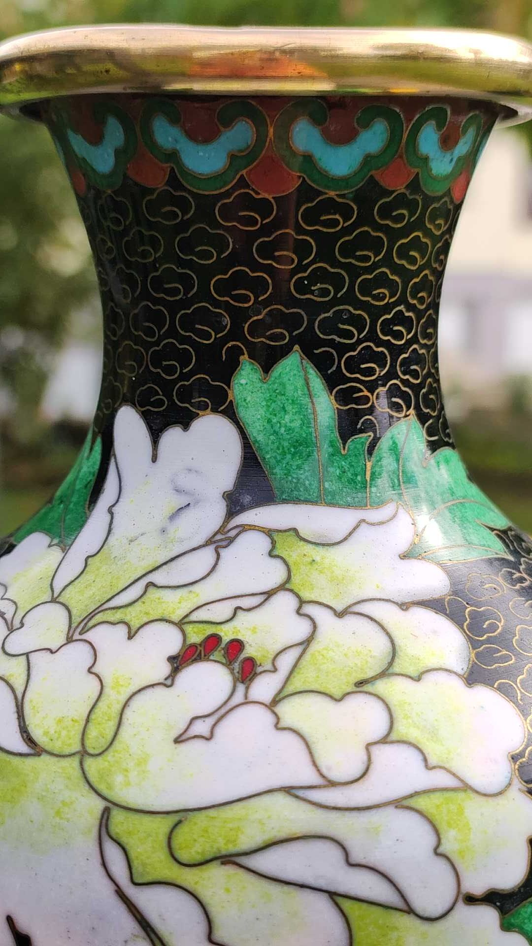 Asian handcrafted decorative vase in cloisonné enamels, neck outline & brass base