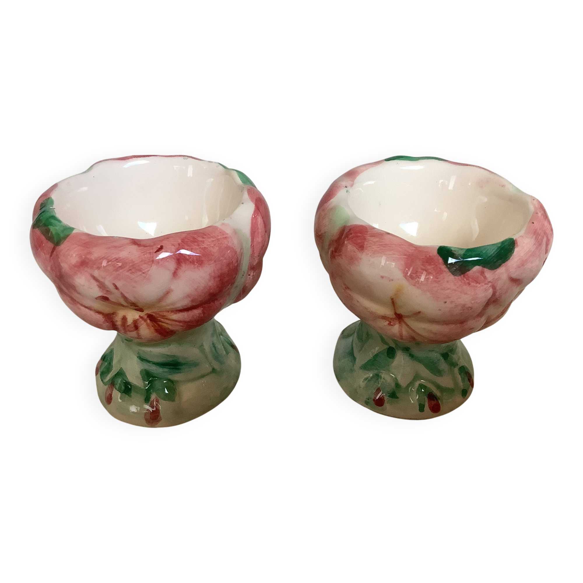 Pair of majolica egg cups
