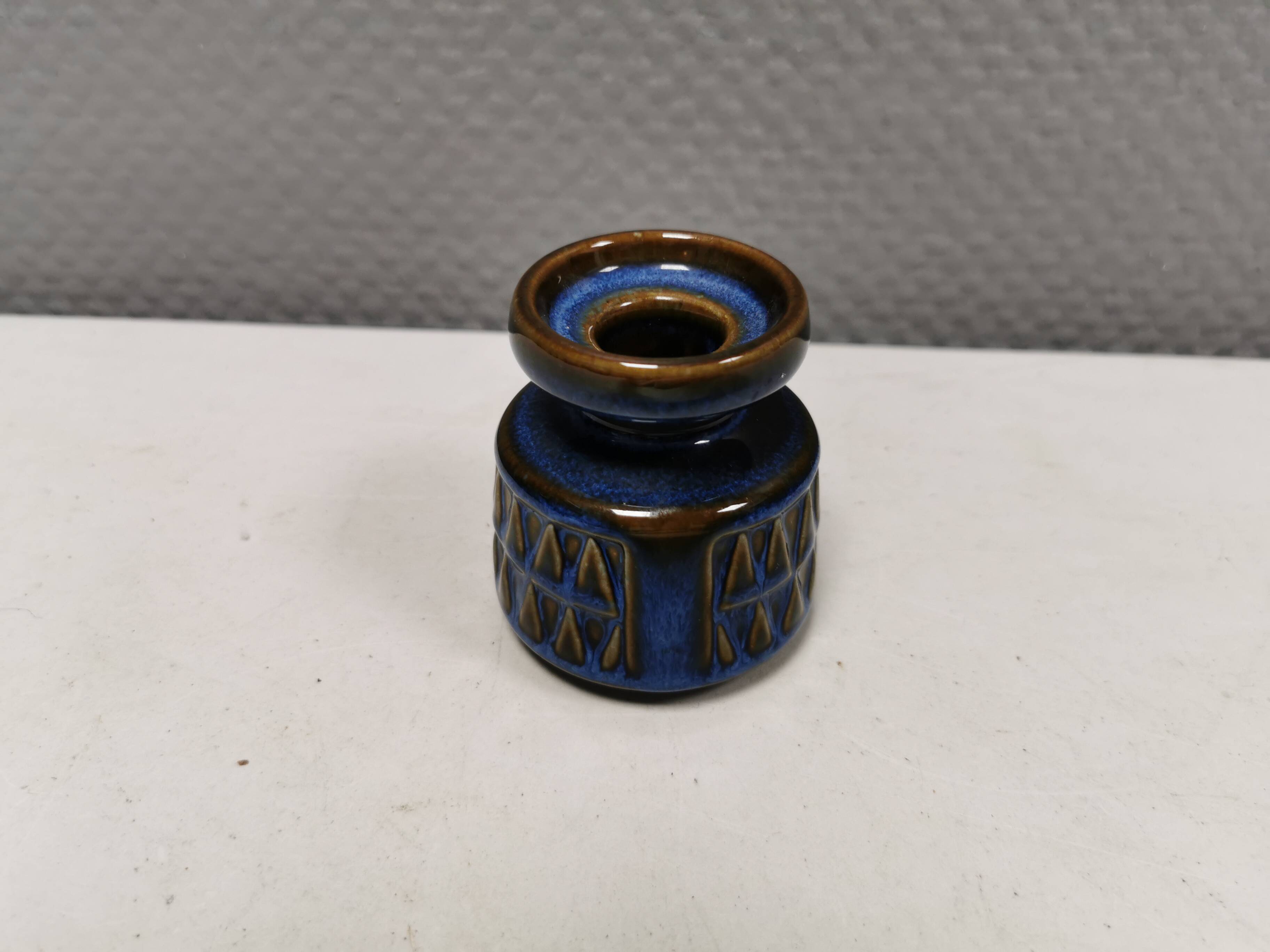 Small candle holder in blue glaze from Danish Søholm 1970s.