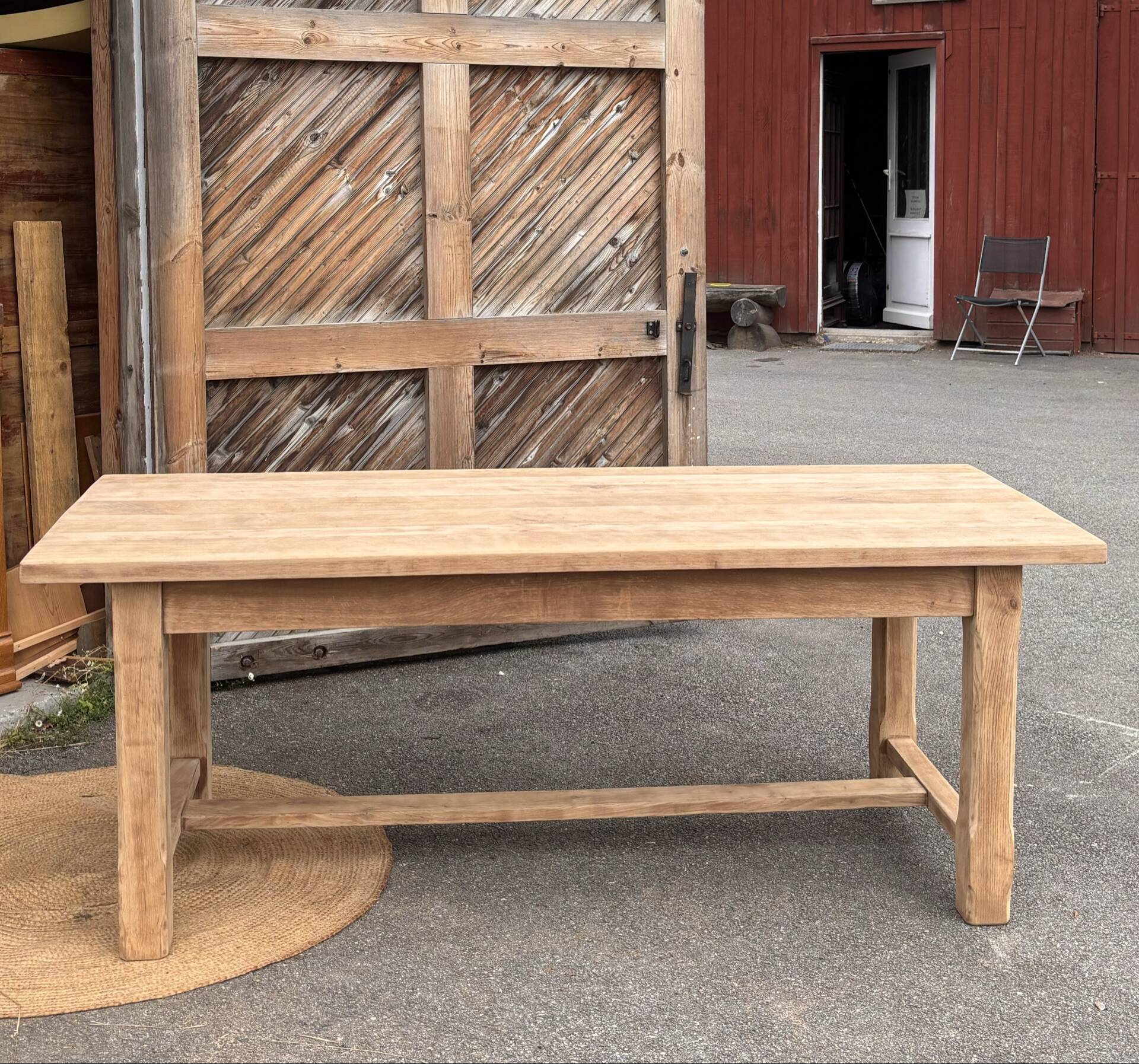Large antique farmhouse table in raw solid oak.