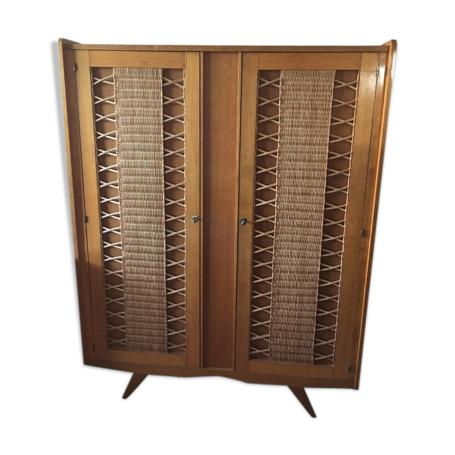 Armoire en bois et rotin années 60