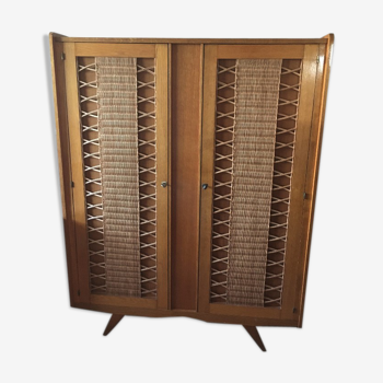 Armoire en bois et rotin années 60