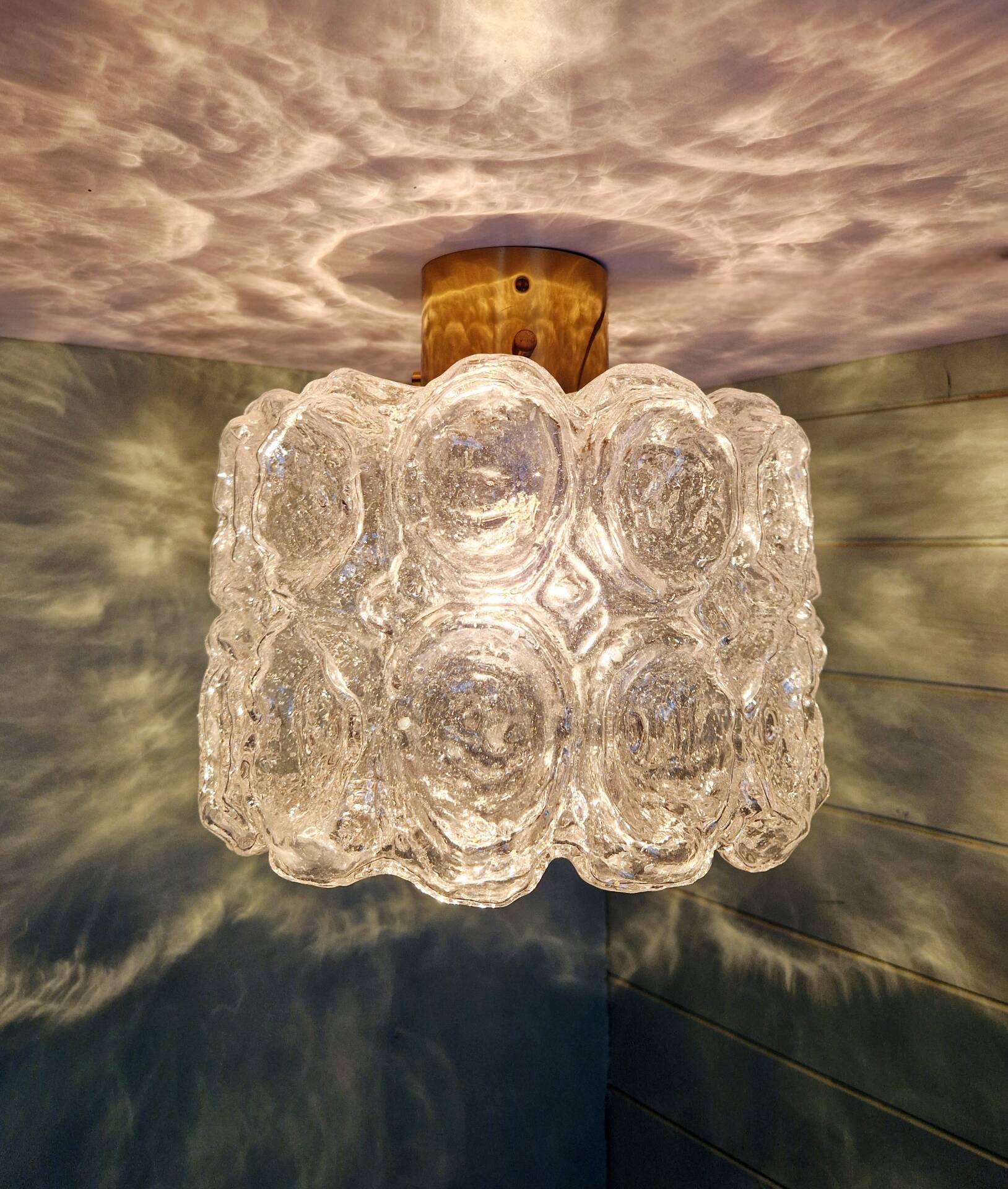 Brass and textured transparent glass ceiling light, Limburg, 1970