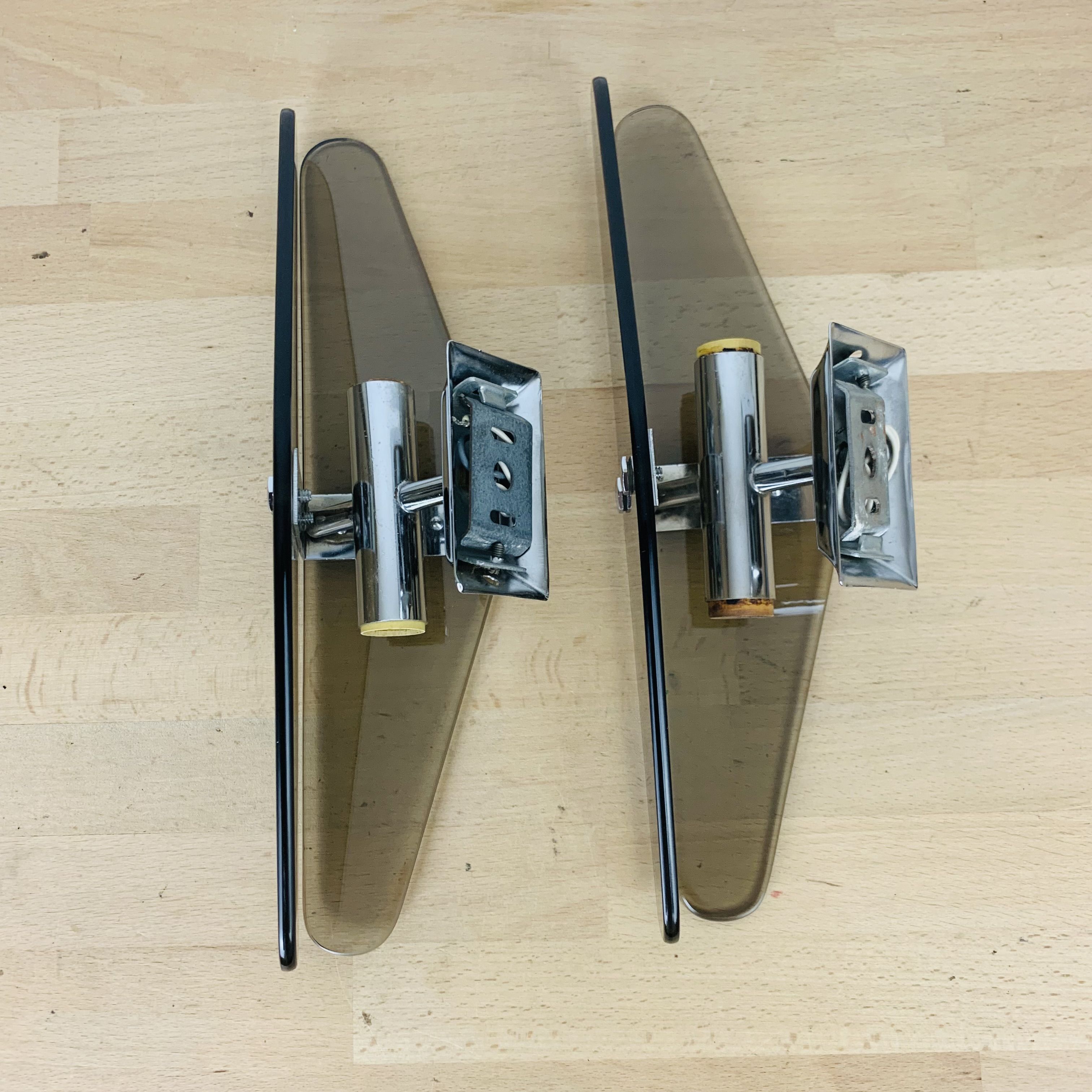 Pair of sconces smoked glass and chrome 70s