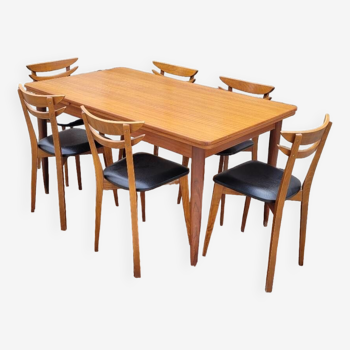 Ensemble salle à manger scandinave, 6 chaises avec table à rallonges 1950s