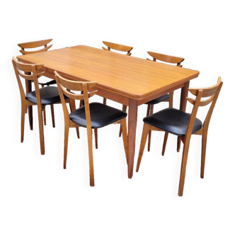 Ensemble salle à manger scandinave, 6 chaises avec table à rallonges 1950s