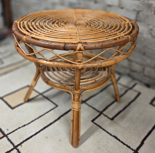 Table d’appoint ronde vintage en rotin – années 60/70