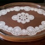 Wooden service tray .glass .brussels lace and solid silver delheid