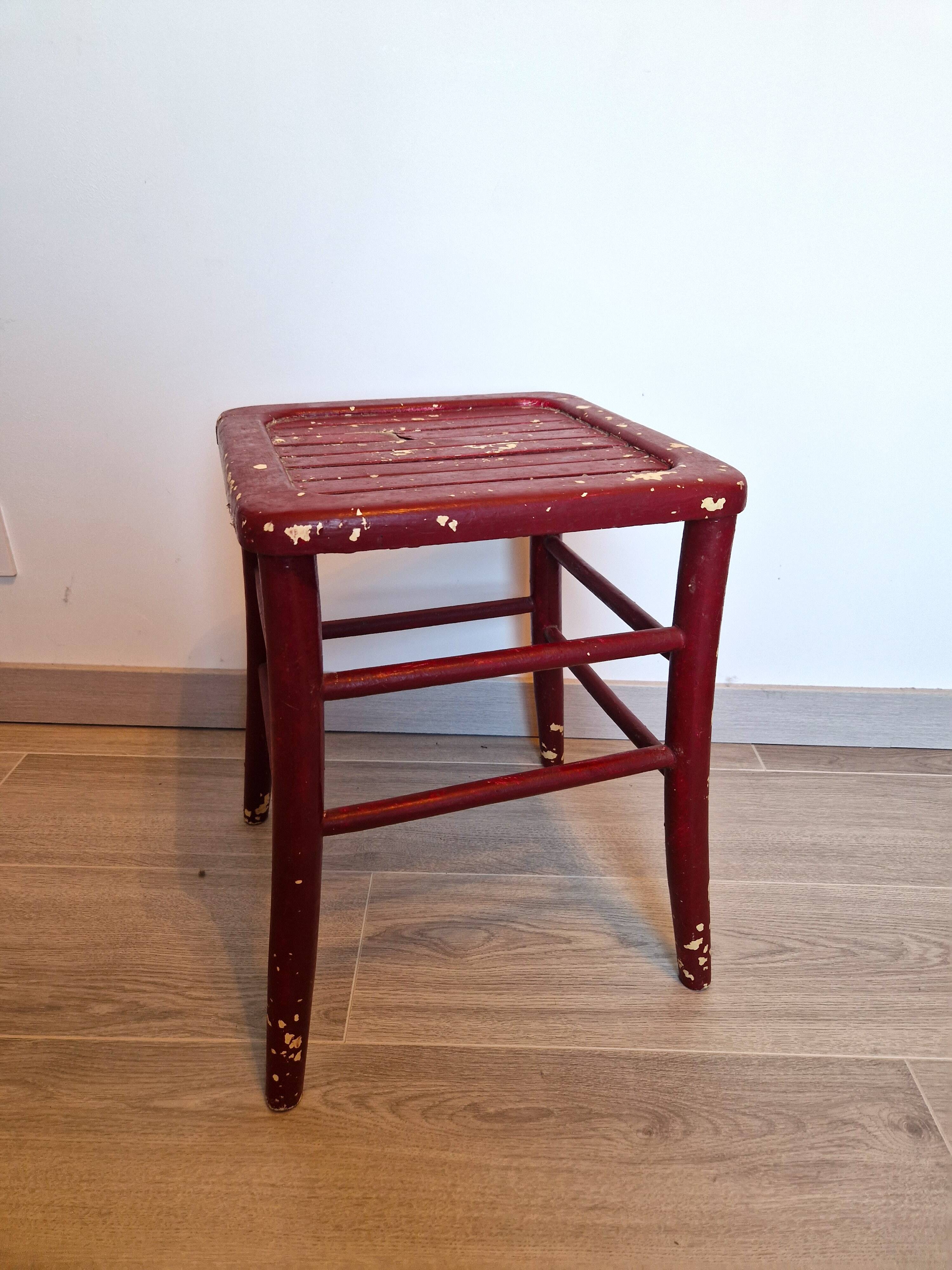 Antique square stool in red wood, workshop patina