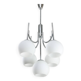 Vintage Italian Chrome and Opaline Chandelier, 1970s