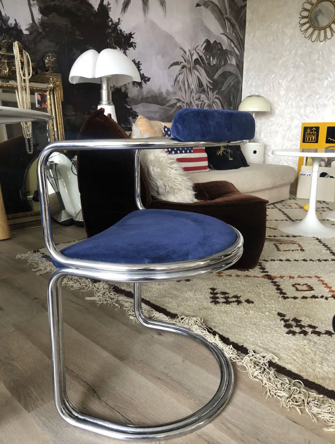 Set of four vintage chrome and velvet chairs