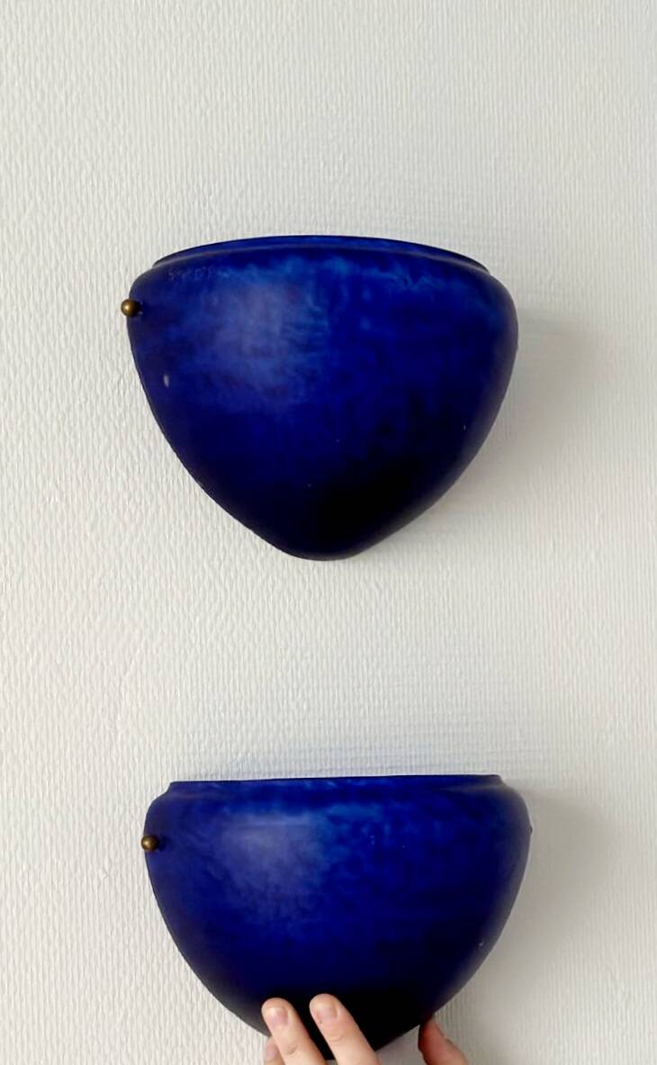 Sconces, signed, in satin blue glass paste from the 1930s