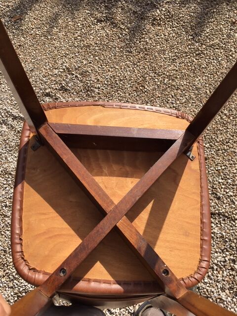 Set of 10 vintage brown skai chairs and 60s/70s wood structure