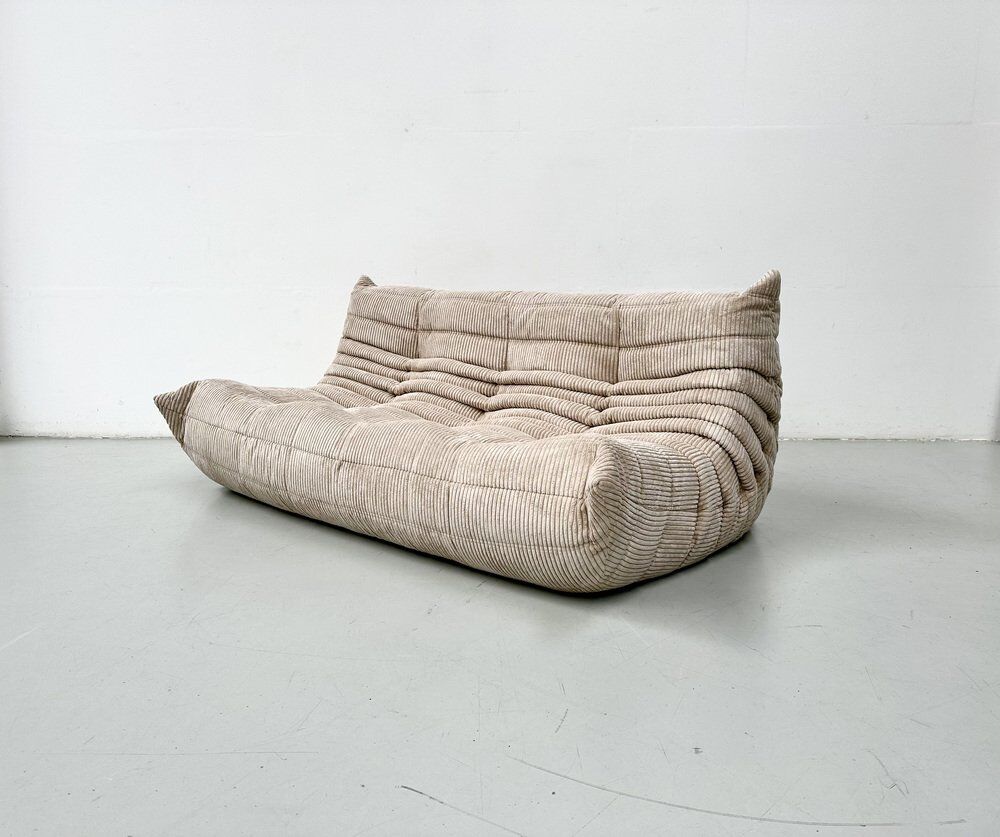 French Togo 3-seater sofa in beige corduroy attributed to Michel Ducaroy for Ligne Roset, 1970s