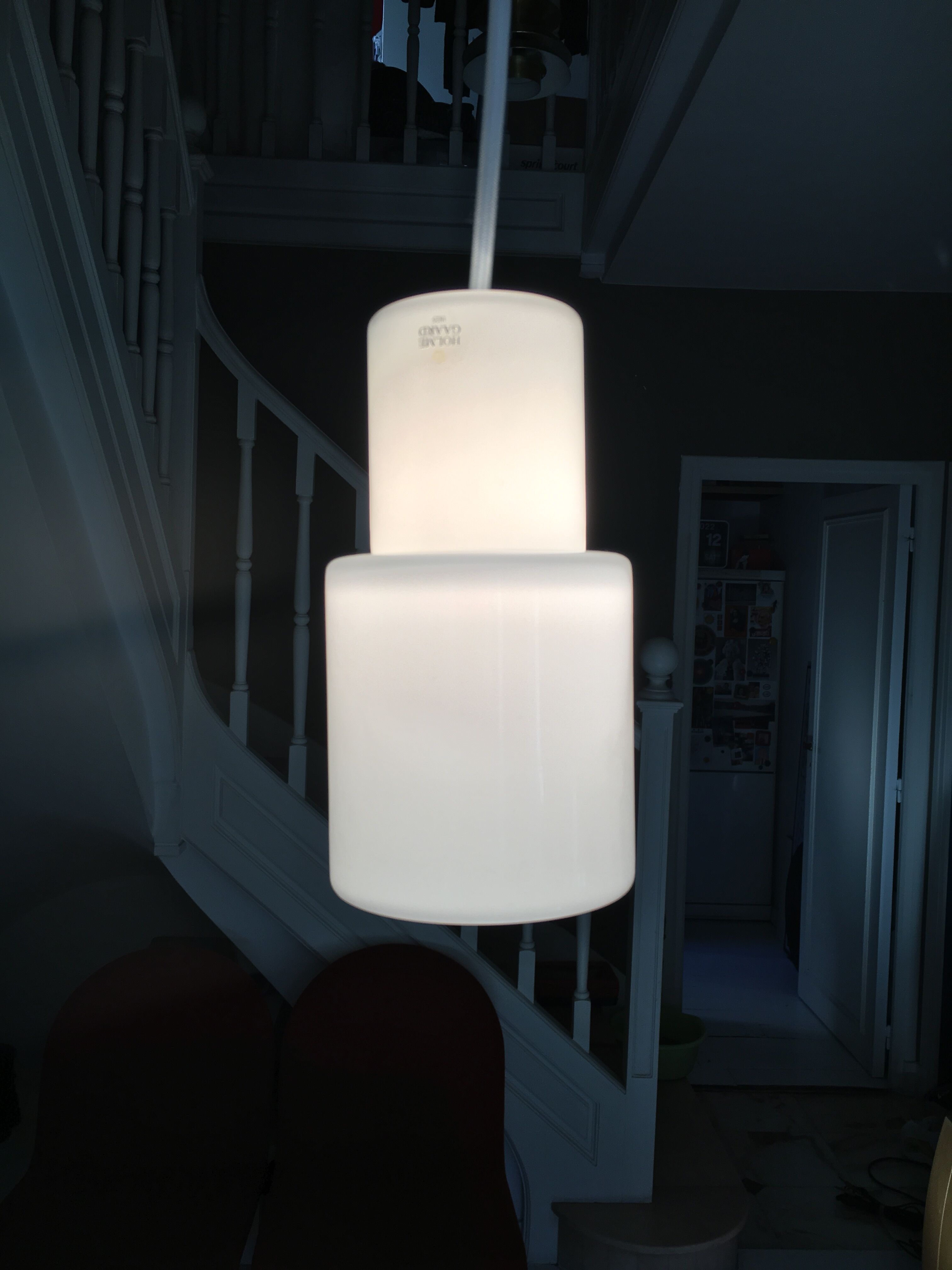 Two Holmegaard pendants, Two-Way model. Mouth-blown opal glass