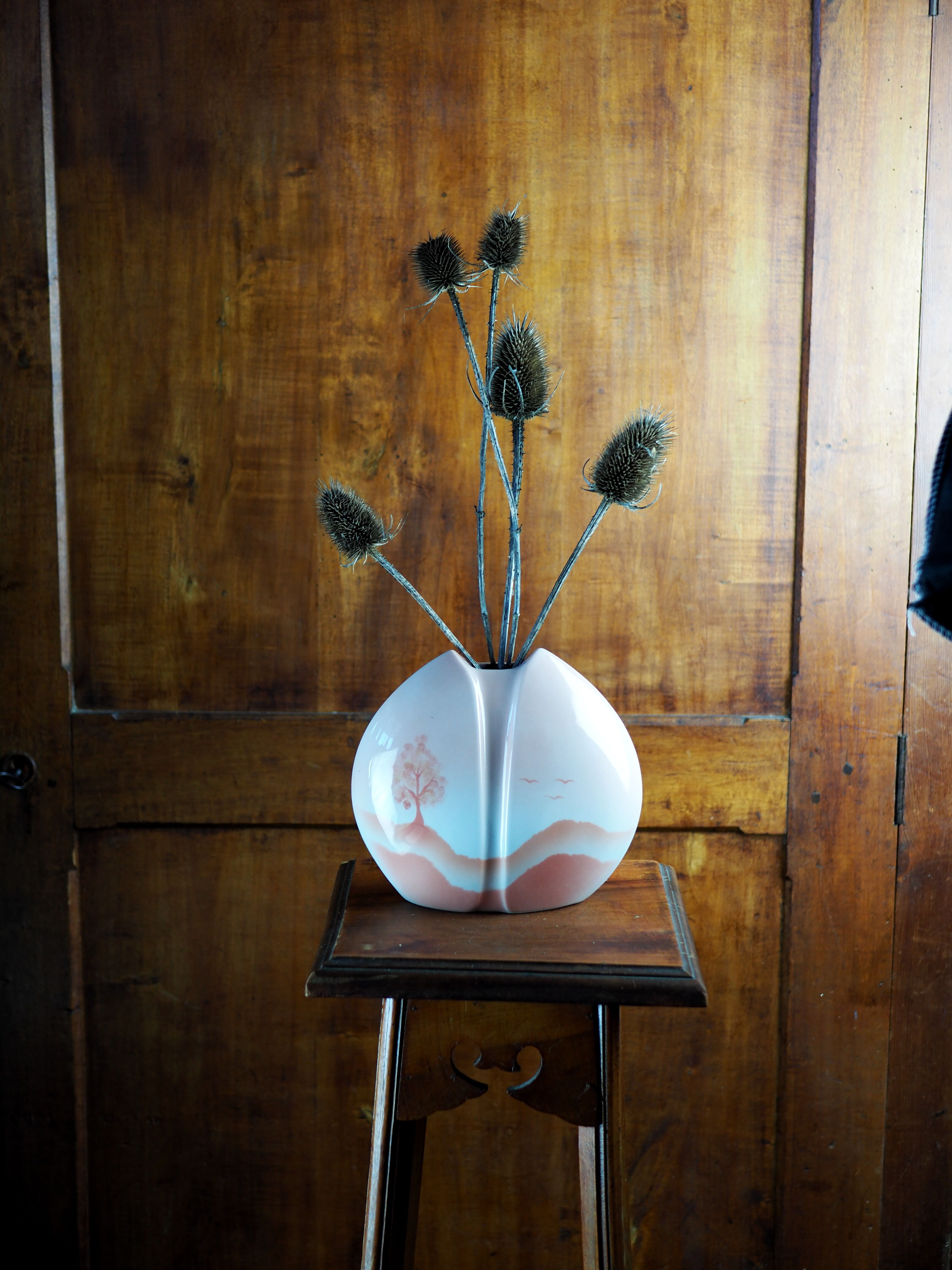 Pink lens vase, poetic landscape tree & flight of birds - Yves Mohy, porcelain of Virebent - ann
