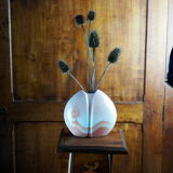 Pink lens vase, poetic landscape tree & flight of birds - Yves Mohy, porcelain of Virebent - ann