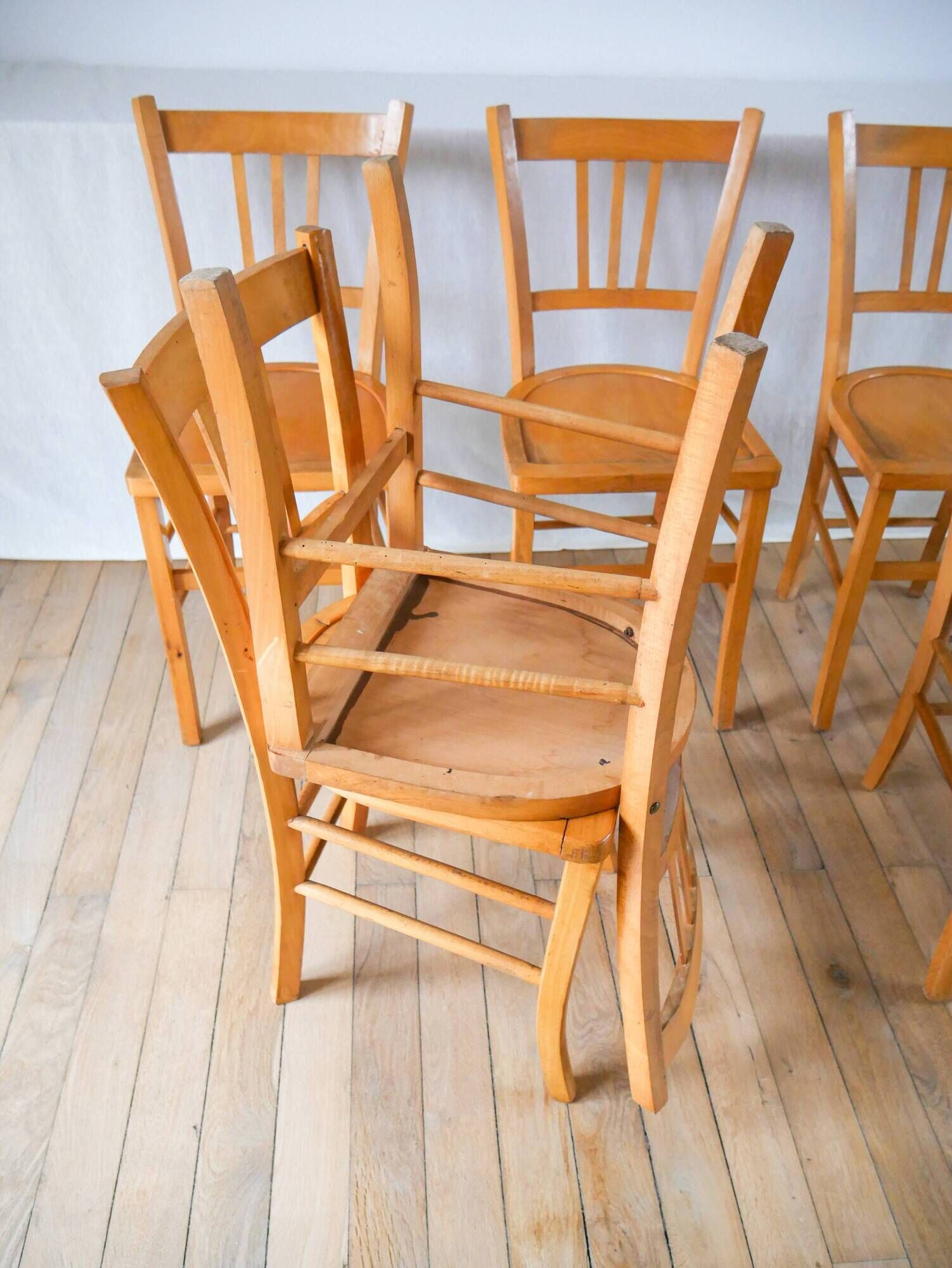 Set of 6 bistro chairs in blond wood luterma 1950