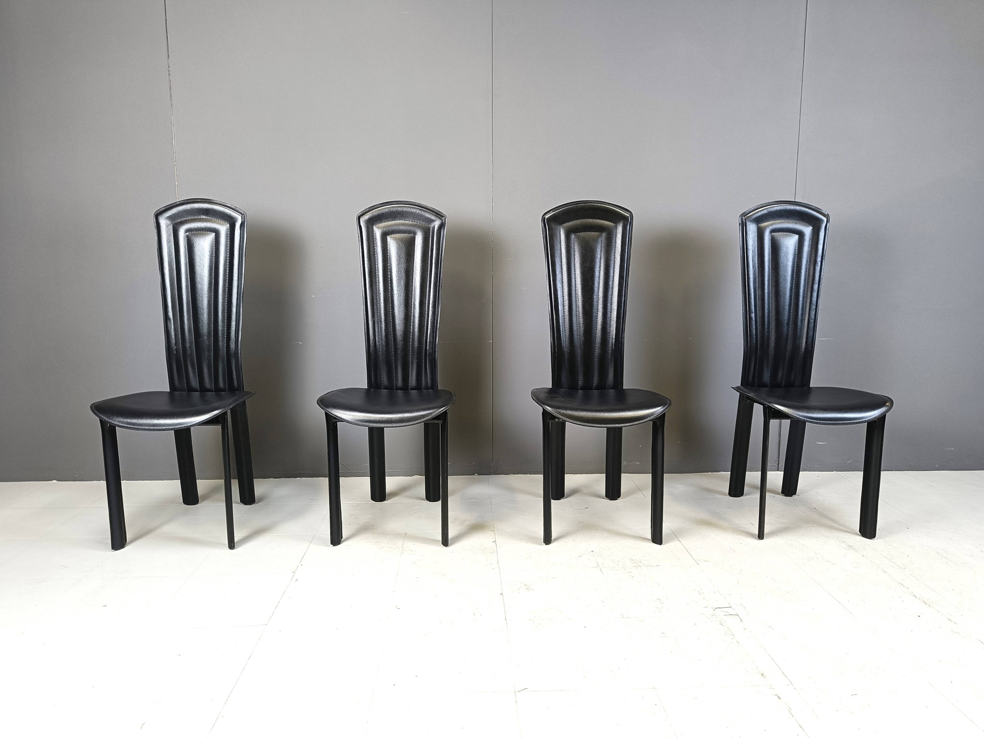 Vintage black leather dining chairs, set of 4, 1980s