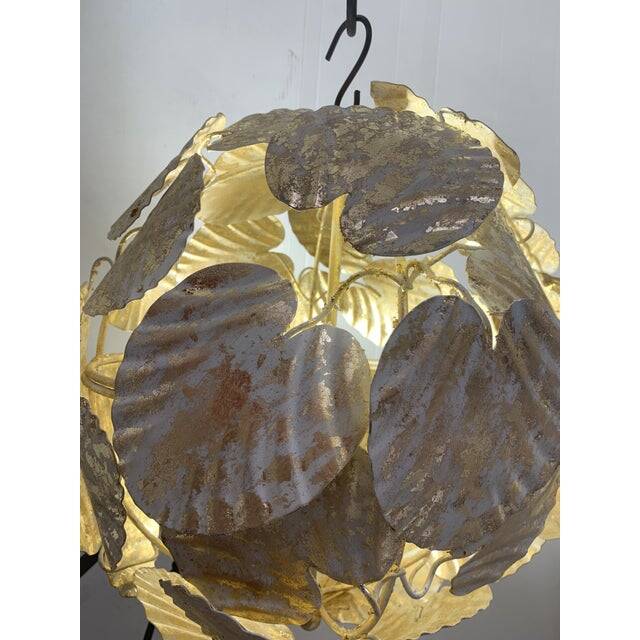 Contemporary gold-leaf and white leaves sphere suspension pendant