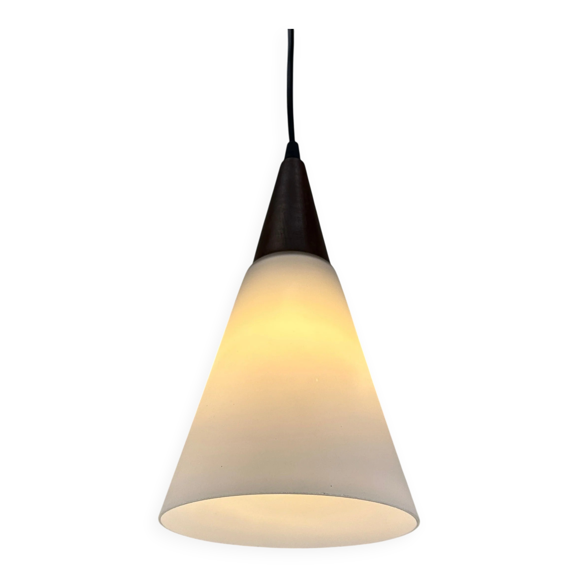 Suspended light fixture in frosted glass and wood by Philips 1950