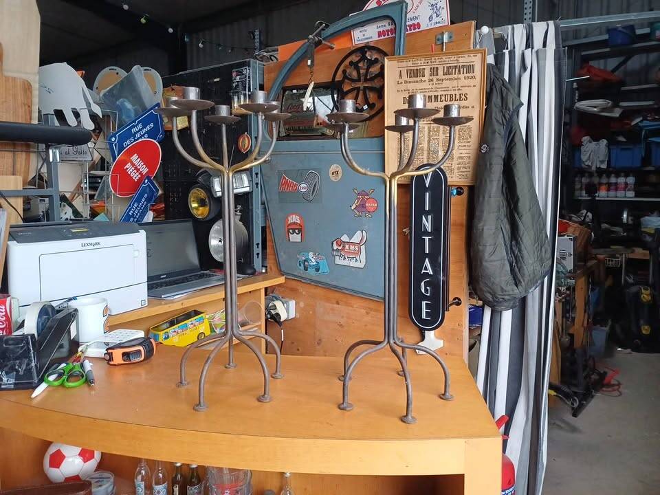 Pair of large candlesticks / industrial candelabras in raw metal