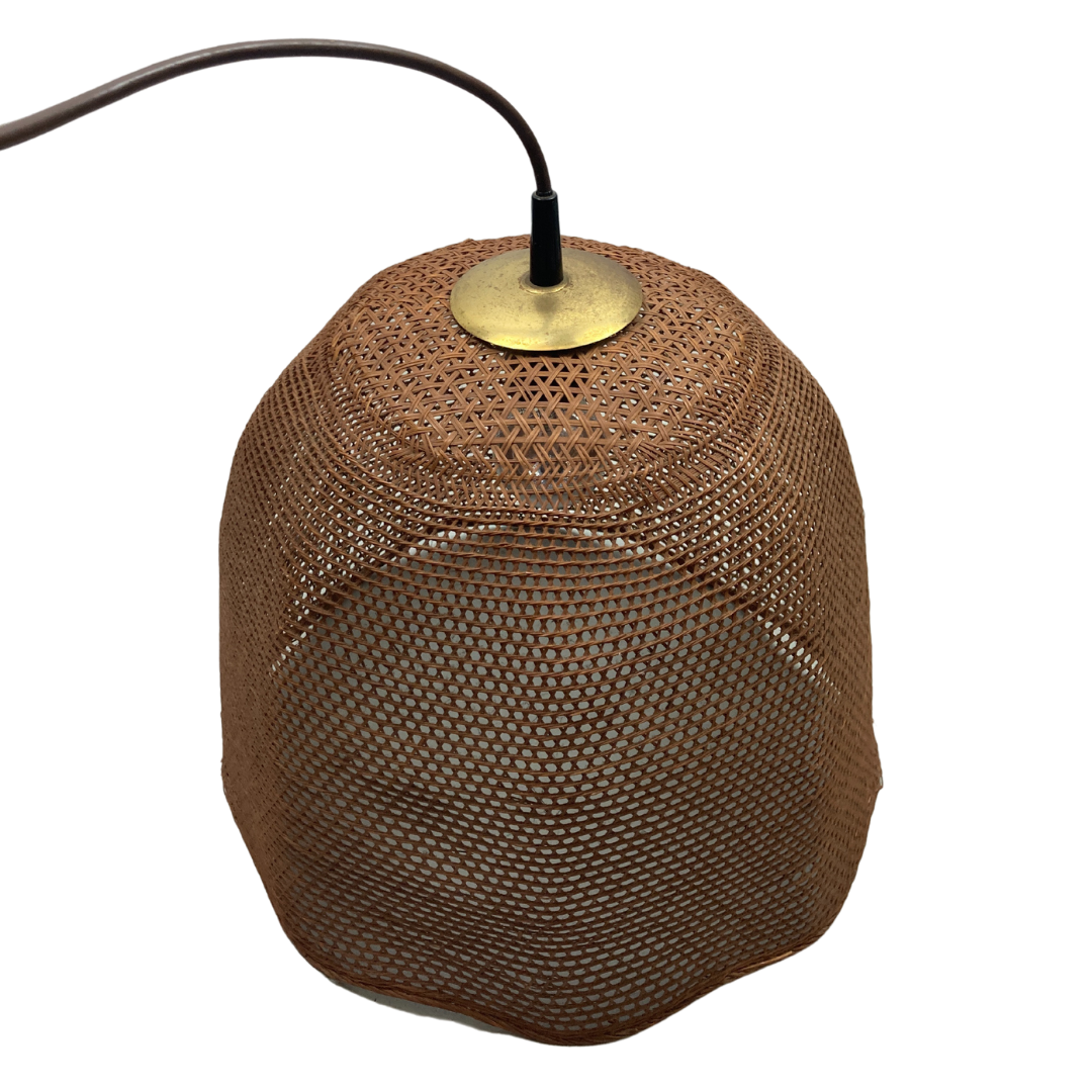Rattan wicker webbing beehive pedant hanging lamp with brass, Dutch 1960s