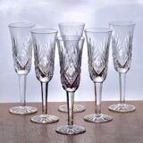 Large antique hand-cut crystal champagne flutes signed LS