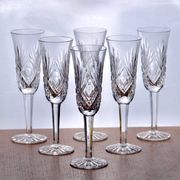Large antique hand-cut crystal champagne flutes signed LS