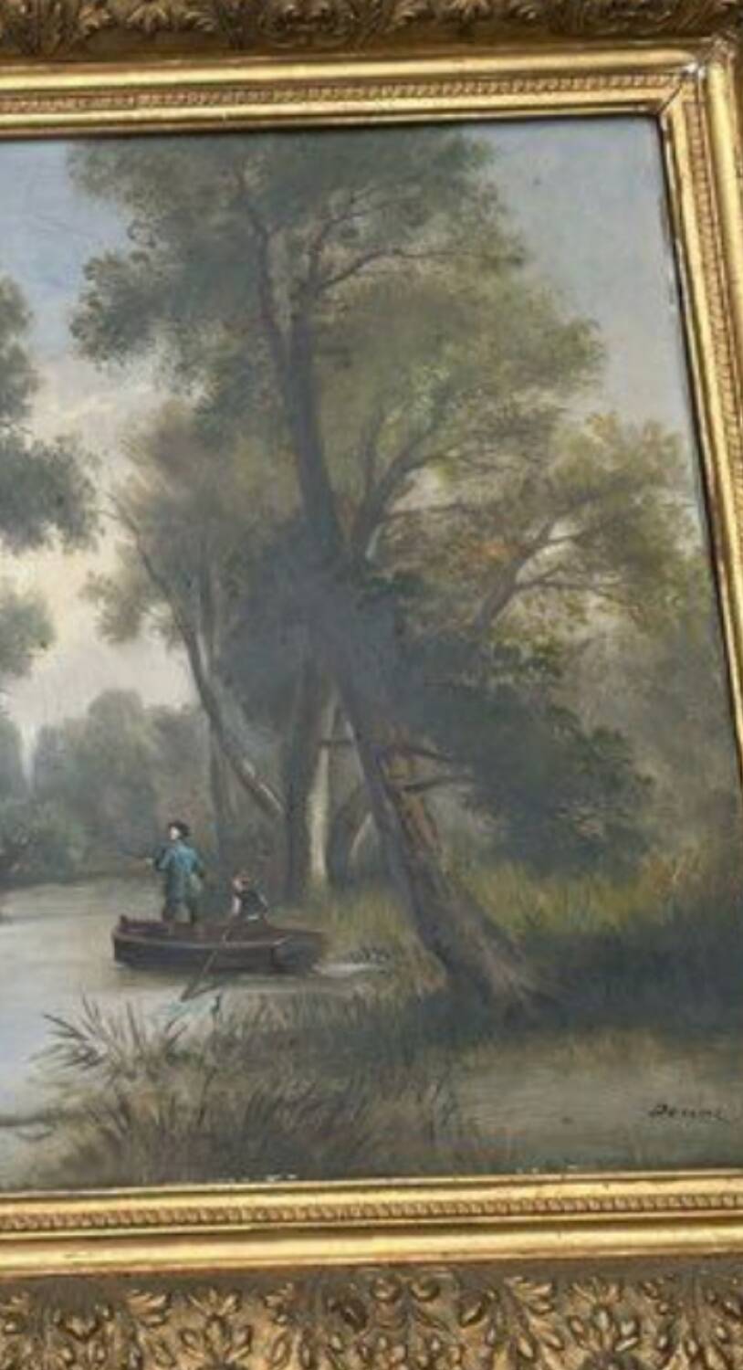 Large old painting landscape river – oil on canvas late 19th century – framed