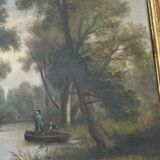 Large old painting landscape river – oil on canvas late 19th century – framed