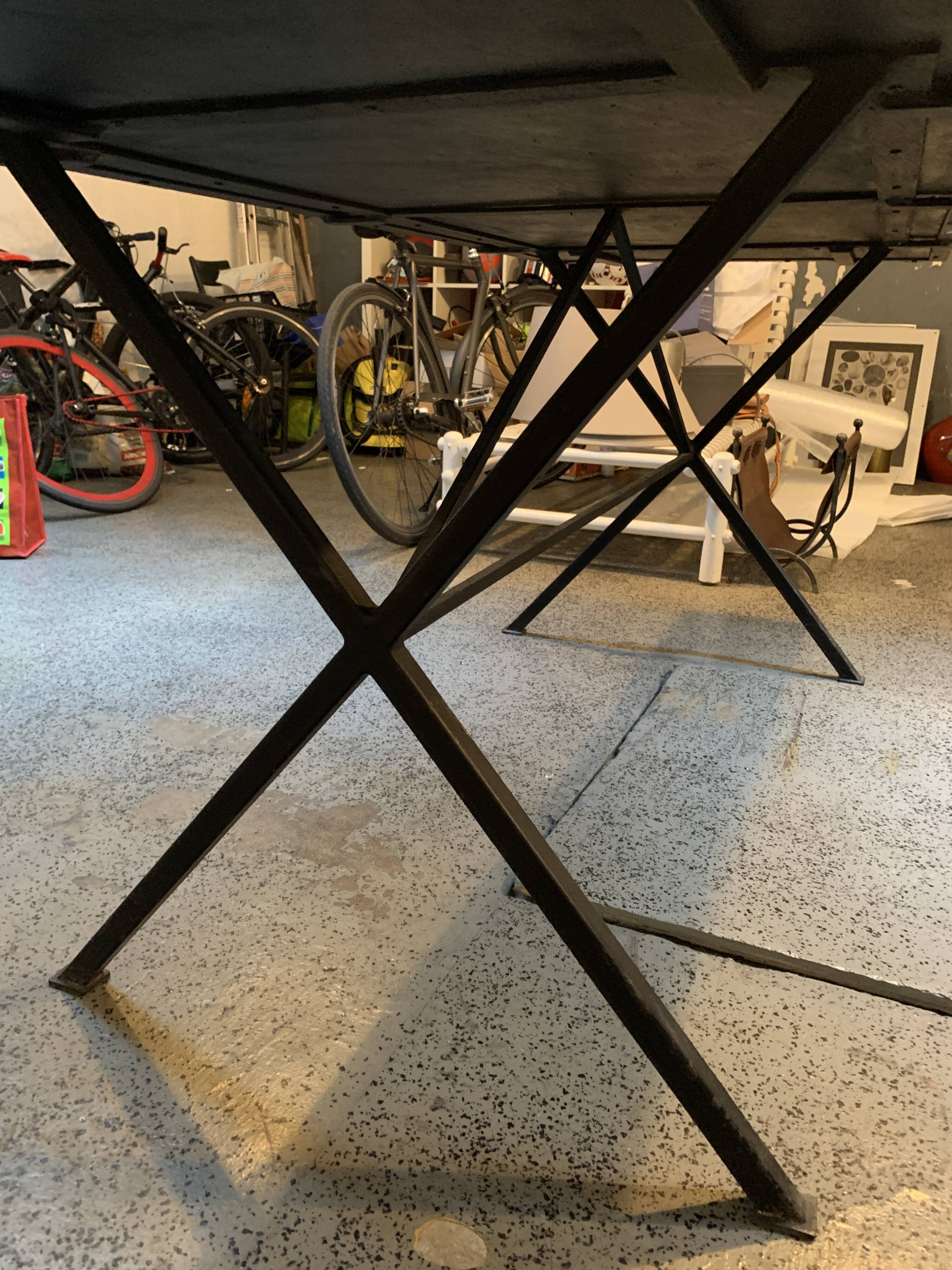 Dining table with metal base in X and painted ceramic tile cladding, 50s.