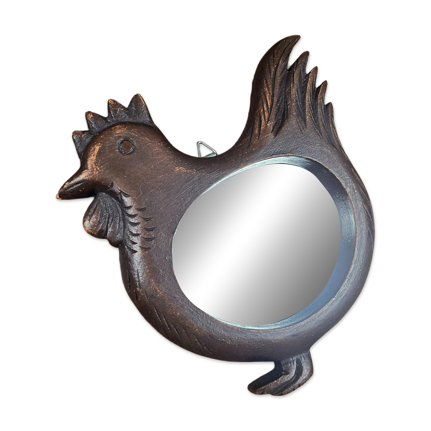 Vintage carved wooden chicken-shaped wall mirror.