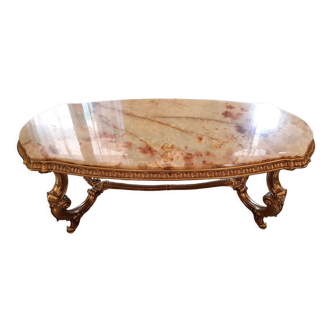 Coffee table frame and legs vegetal motif in gilded bronze and marble top