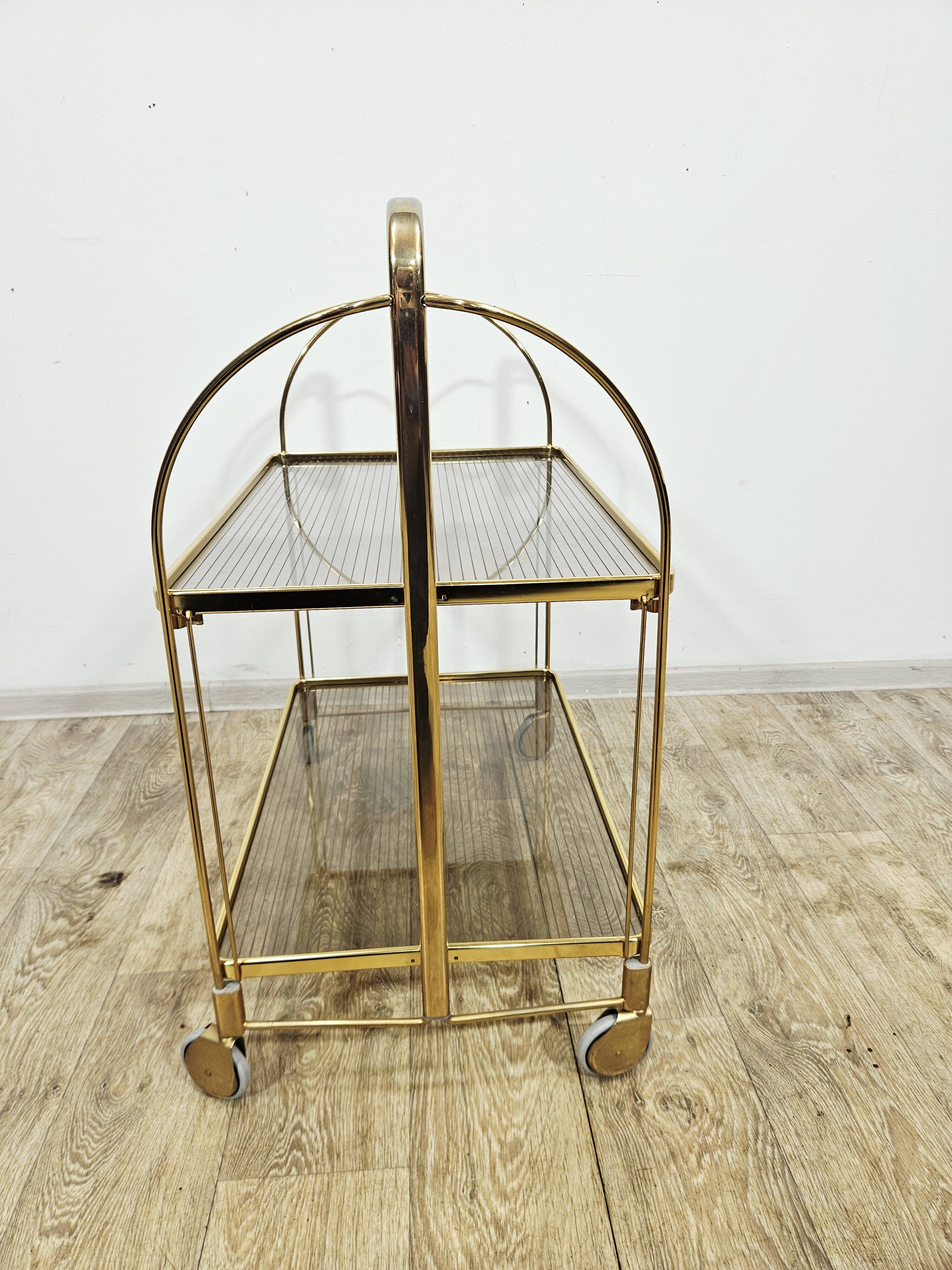 Mid-Century Folding Bar Cart – Brass and Ribbed Plexiglass – 1960s