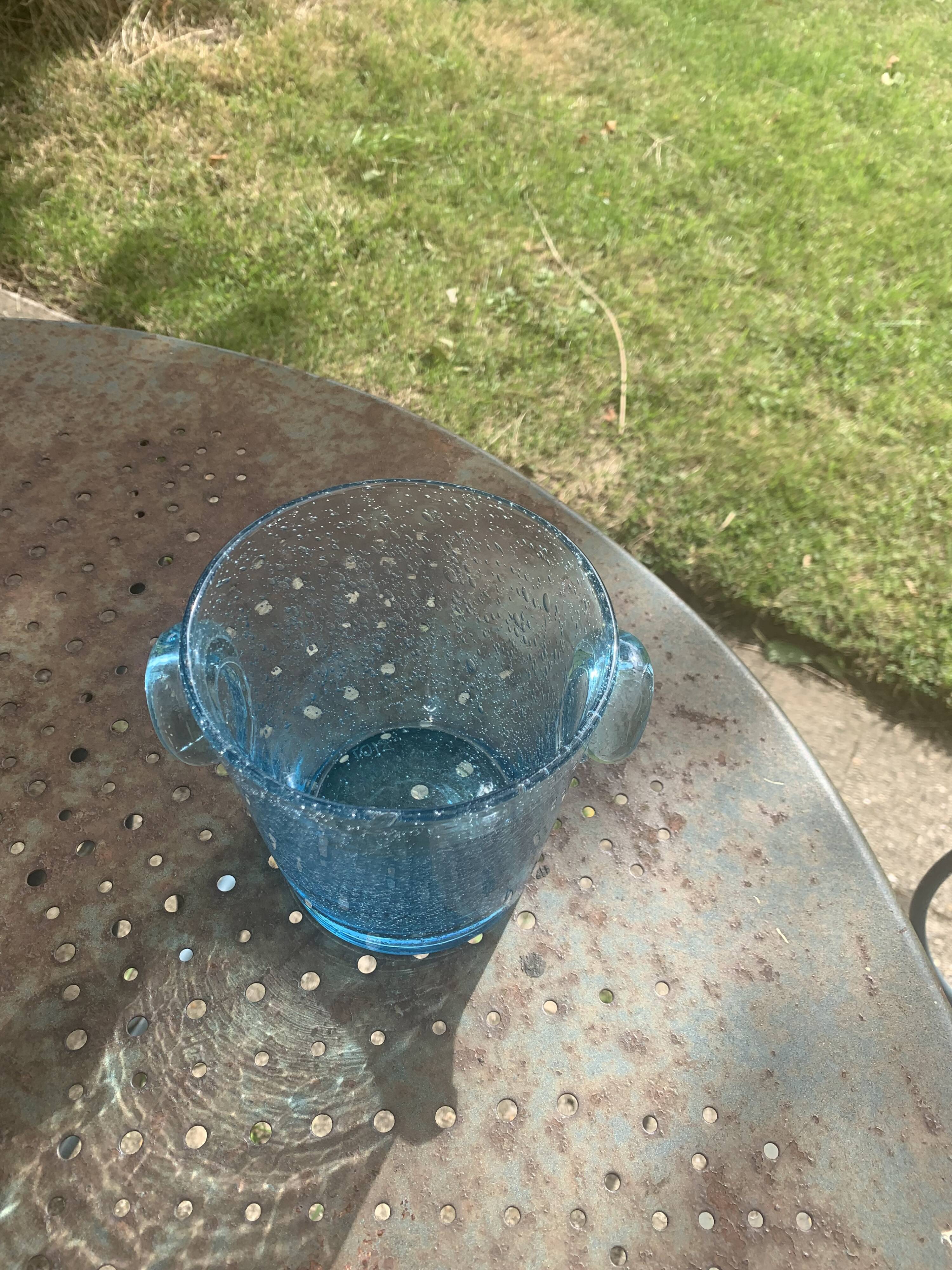 Vintage Biot Blue Blown Glass Ice Bucket