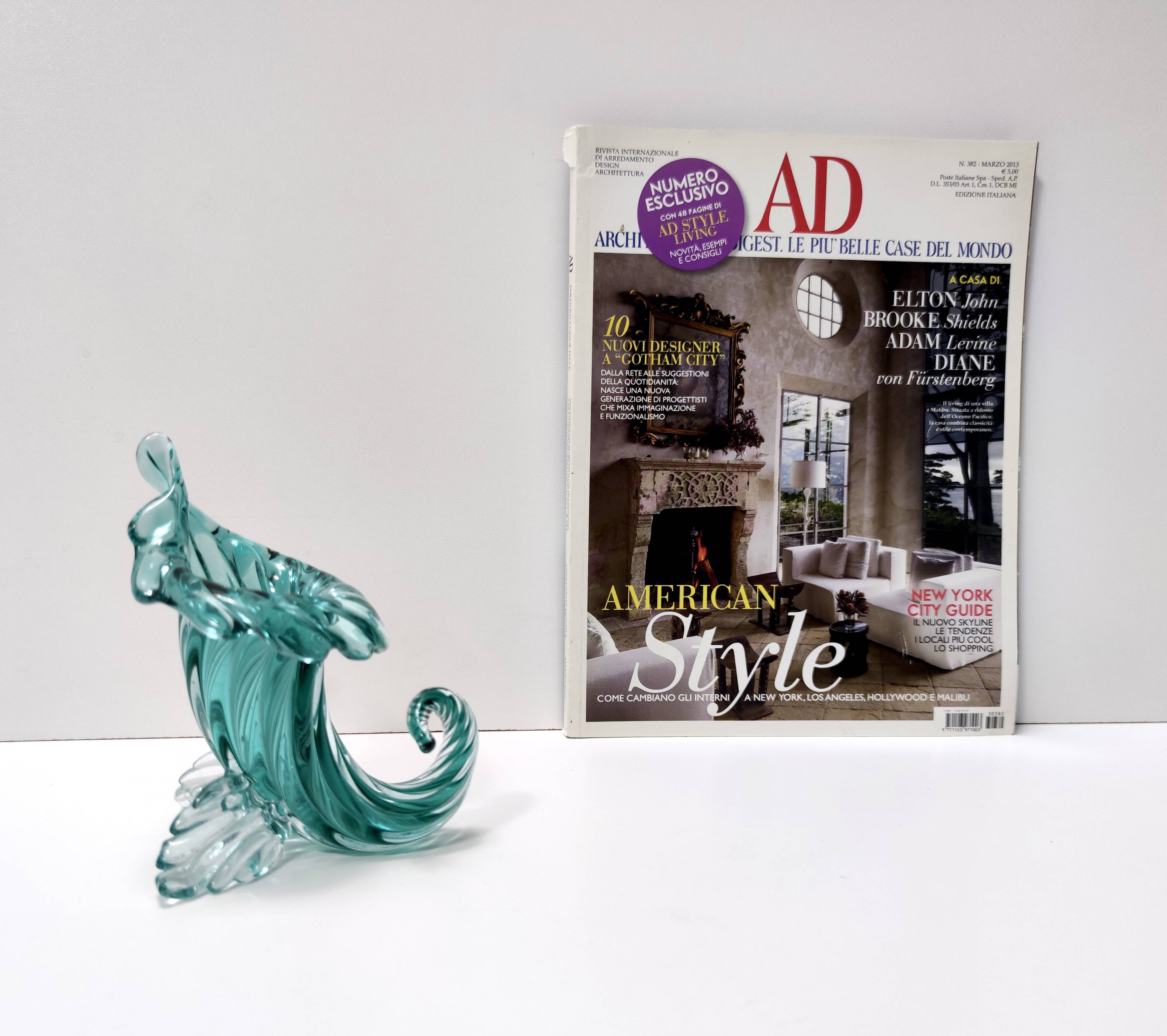 Teal Murano Glass Cornucopia Vase by Archimede Seguso, Italy