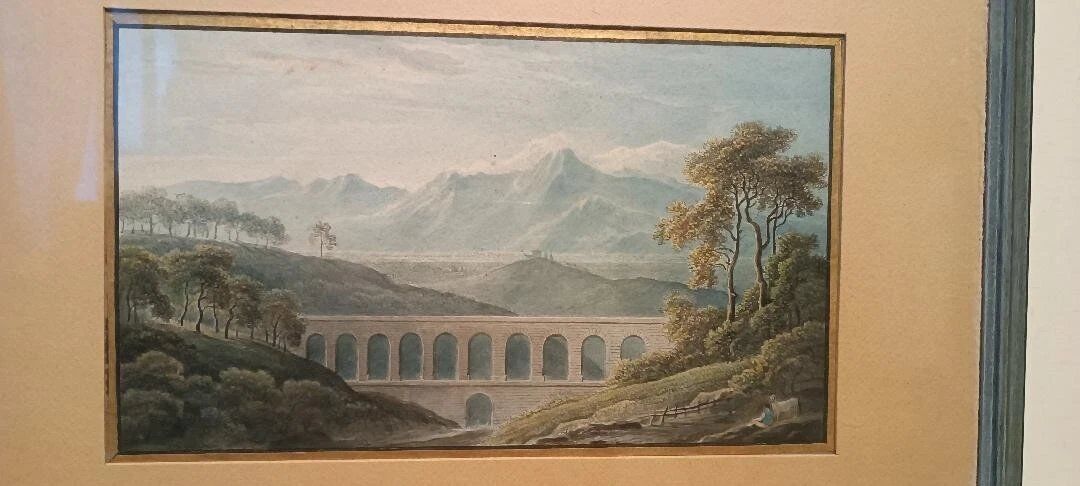Aquarelle ancienne sur papier du début du XIXe siècle – paysage avec aqueduc.