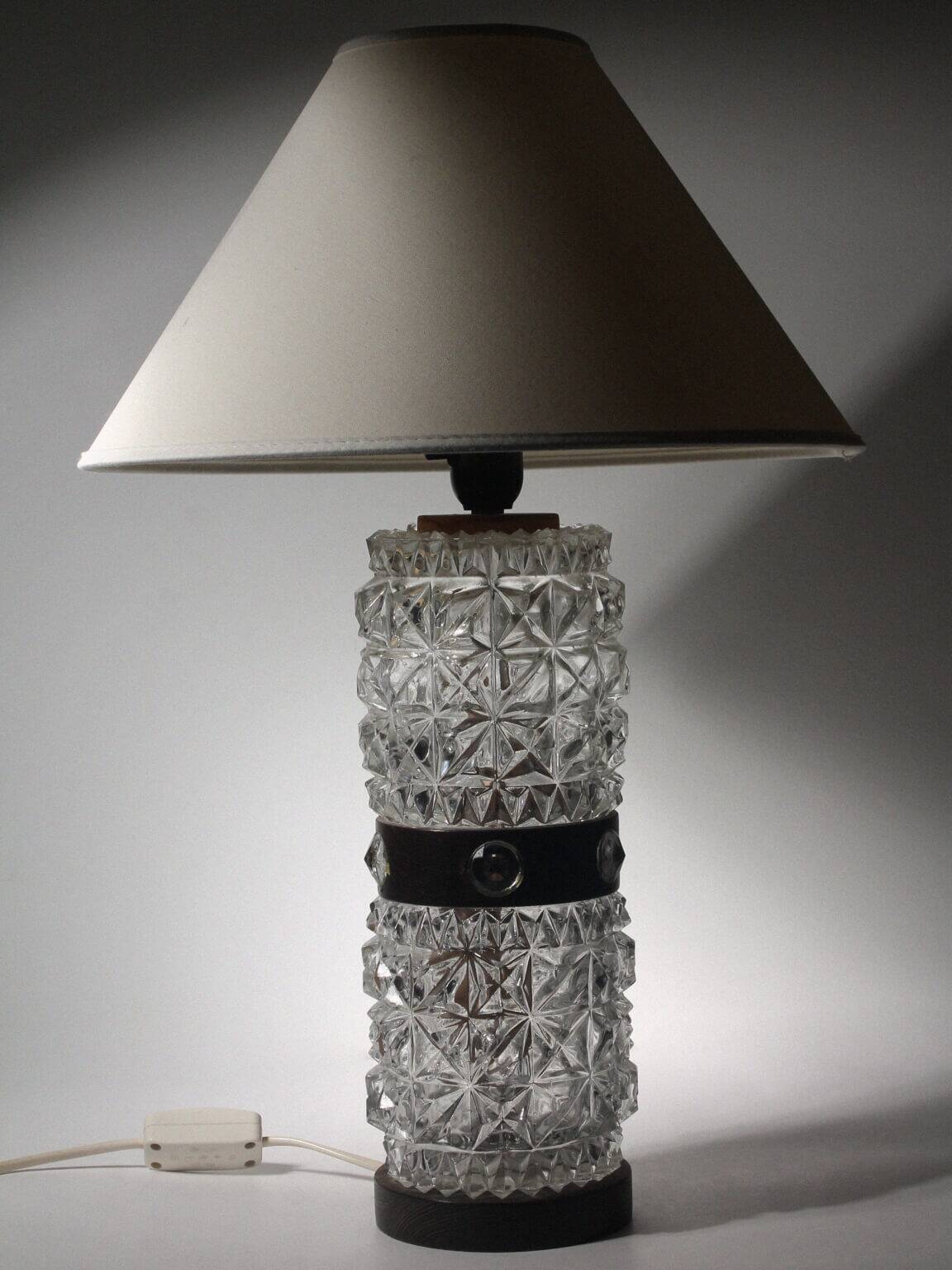 Mid-Century Textured Glass And Wooden Table Lamp, Denmark, 1960s